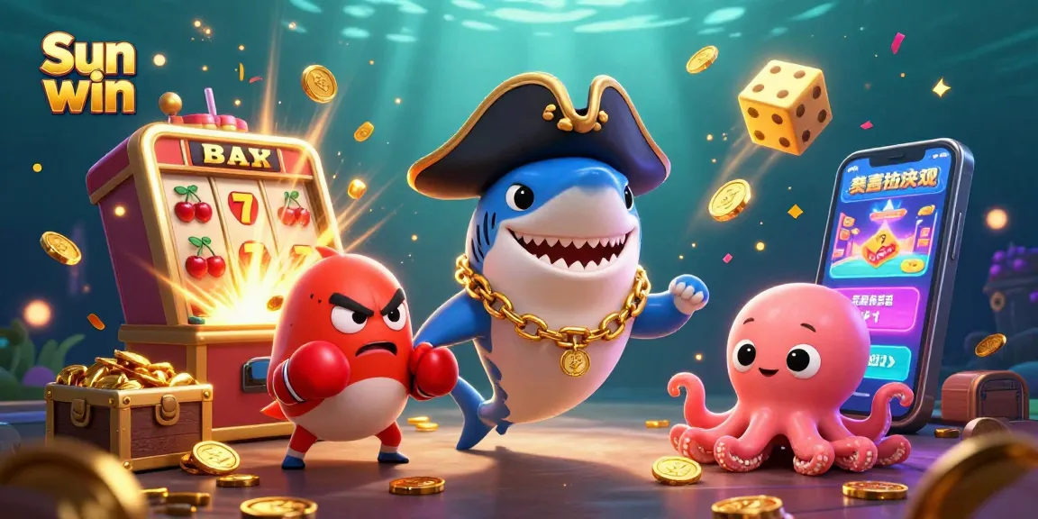 Experience thrills with Sun win as cartoon characters celebrate alongside a jackpot slot machine explosion.