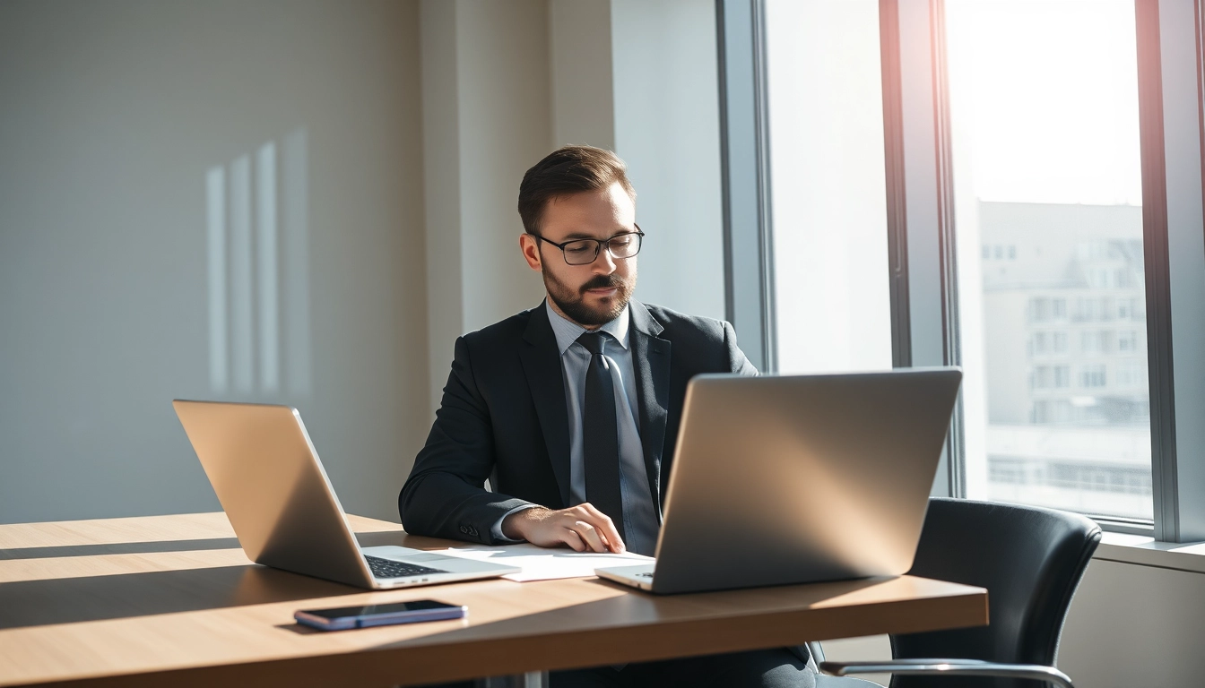 Headhunter arbeitet an einem Schreibtisch in einem modernen Büro, zeigt Professionalität und Engagement.