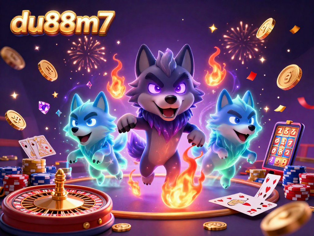 Spin to win with the vibrant du88m7 casino scene featuring a wolf pack leader surrounded by game excitement.