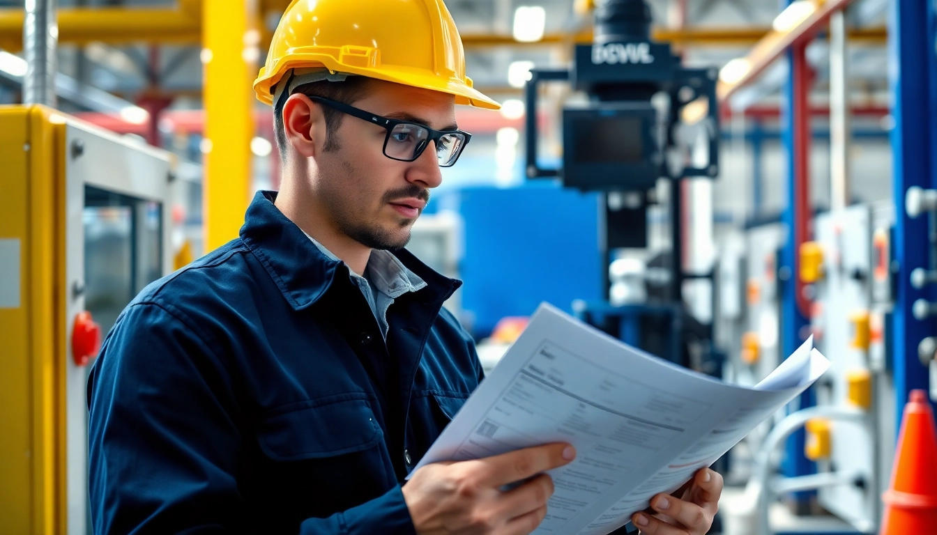 DGUV V3 Prüfung mit einem Sicherheitsinspektor, der die Sicherheitsstandards in der Industrie überprüft.