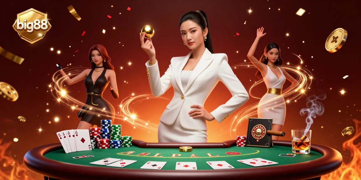 Experience thrilling wins at big88 with a stylish Asian woman at a poker table surrounded by vibrant casino elements.
