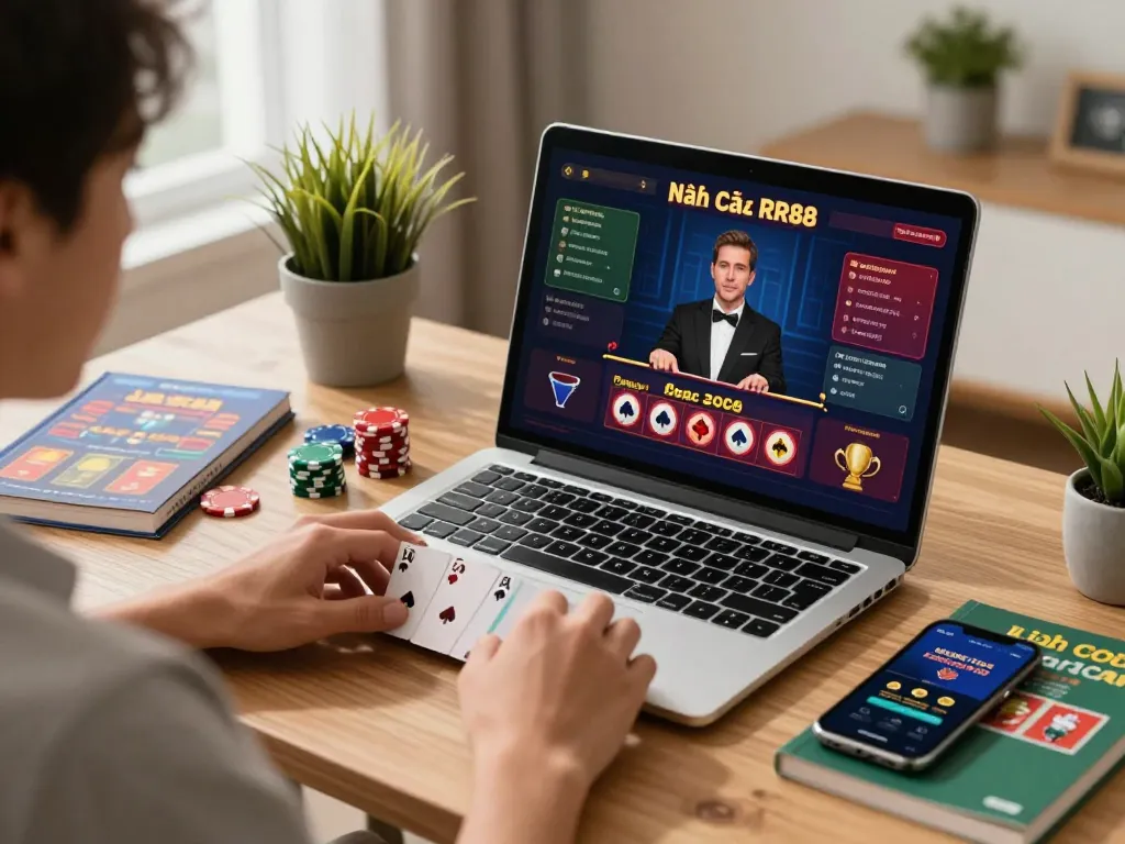 Dynamic online gaming scene showcasing a player at Nhà Cái RR88 engaged in live dealer baccarat on a laptop.