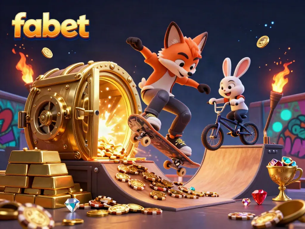 Engage with fabet's thrilling gaming atmosphere featuring a skateboarding fox and BMX rabbit amidst golden casino treasure.