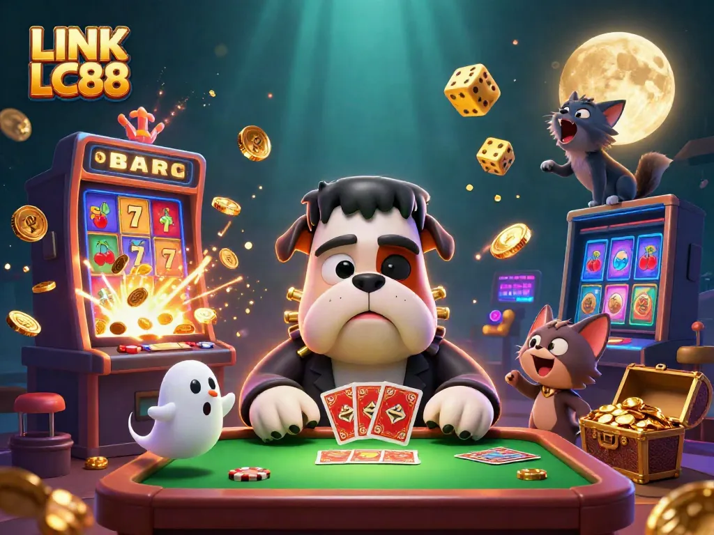 Experience LINK LC88 with a vibrant 3D scene of games, characters, and jackpots in an exciting casino atmosphere.
