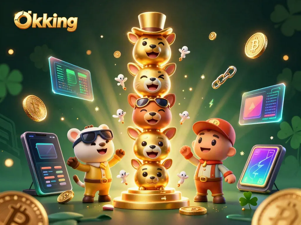 Engage in thrilling gameplay with Okking's vibrant casino world, showcasing animated totem and crypto elements.