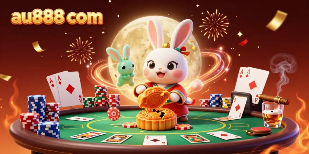 Celebrate wins at au888 com with a vibrant 3D lunar casino illustration featuring poker chips and festive elements.