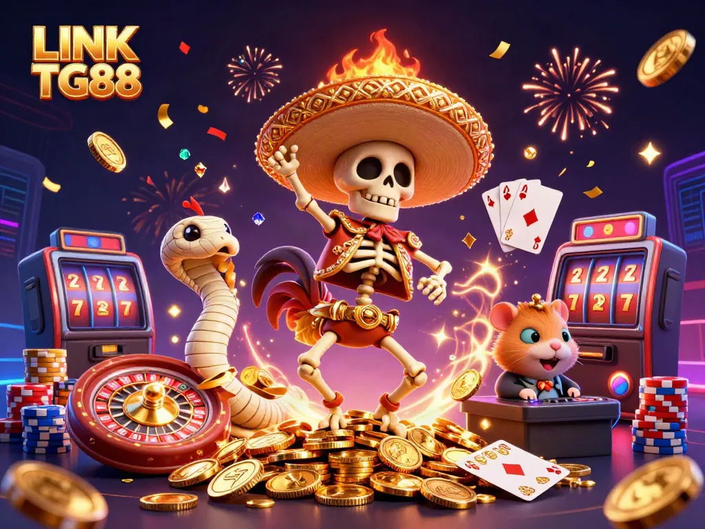 Experience the excitement of LINK TG88 with a festive 3D illustration featuring vibrant casino elements