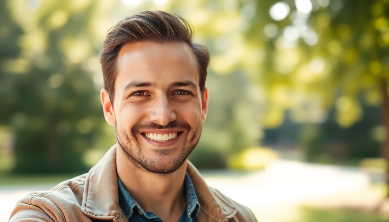 Tinder bilder eines Mannes lächelnd im Freien in natürlichem Licht.