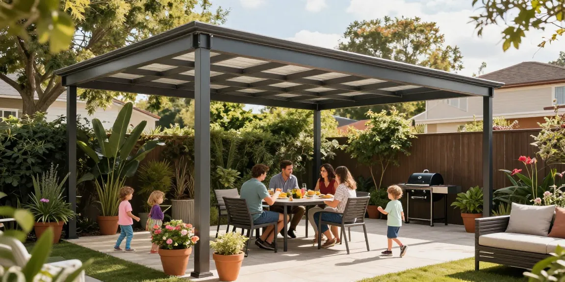 Moderne Terrassenüberdachungen in einem einladenden Garten-Setting mit Familie und Freunden.