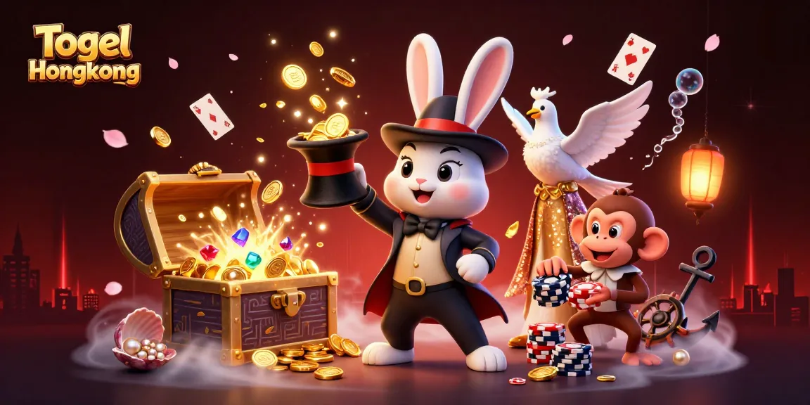 Togel Hongkong depicts a lively casino scene with a magician, dove and monkey surrounded by coins and cards.