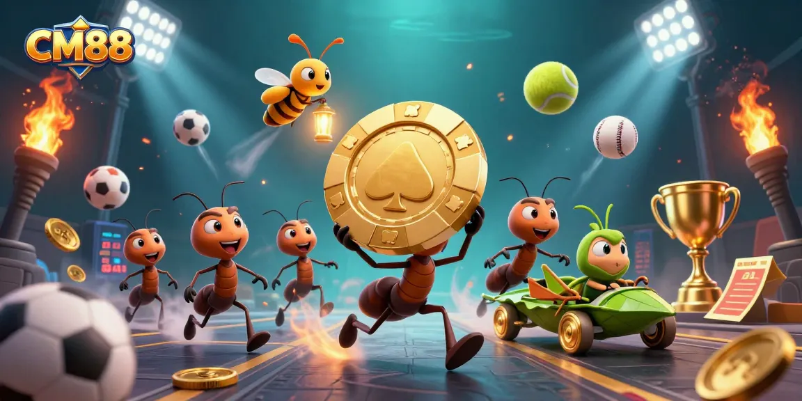 CM88 showcases a daring heist with playful ants carrying a giant poker chip, surrounded by dynamic sports elements.