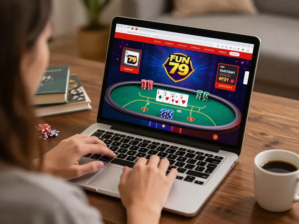Engaging gameplay experience at fun79 online casino on a laptop, showcasing poker action and home atmosphere.