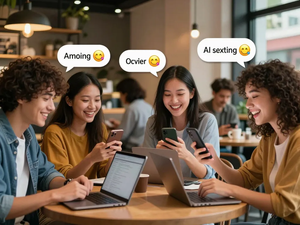 Young adults flirting using sexting AI in a lively café, showcasing digital interactions and playful emojis.
