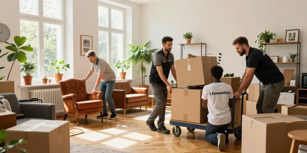 Professionelles Team bei einer Wohnungsauflösung in Berlin Mitte, sorgfältig Möbel und persönliche Gegenstände einpackend.