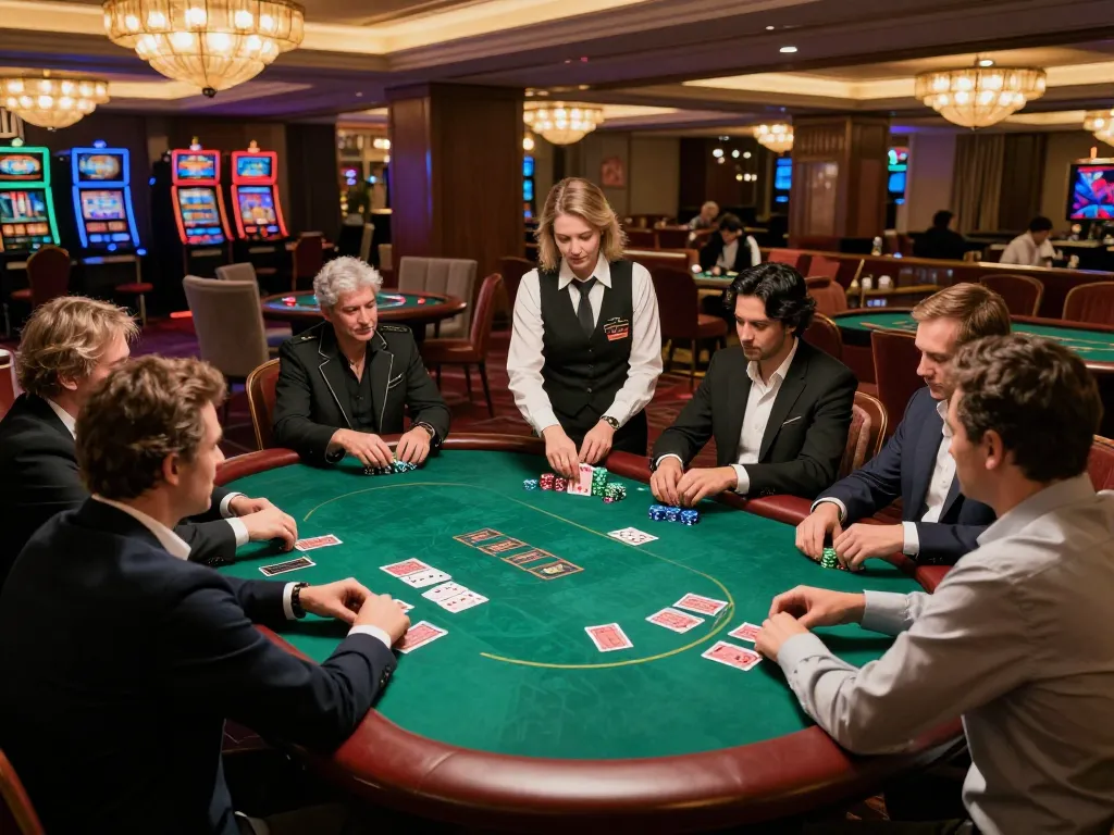 Các người chơi LUCK8 đang lập chiến lược trong một ván bài poker cao cấp tại bàn casino sang trọng dưới ánh sáng thanh lịch