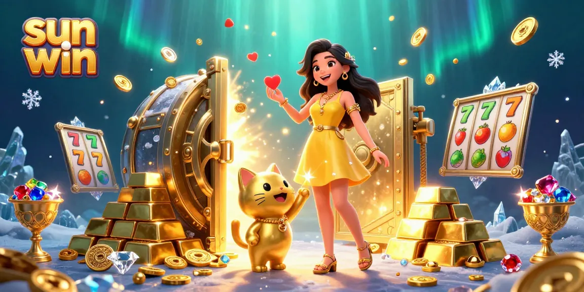 Experience the excitement of sun win with a joyful woman and lucky cat amidst treasures.