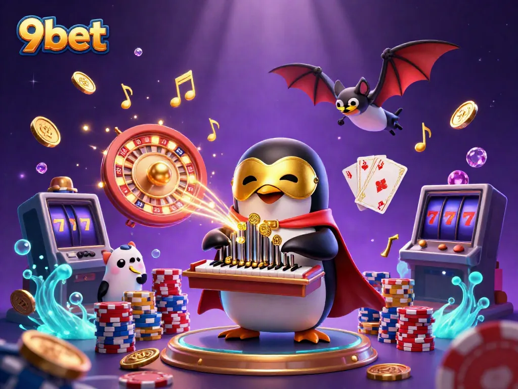 Experience the excitement of 9bet with a colorful casino-themed illustration featuring a magical penguin and vibrant game elements.