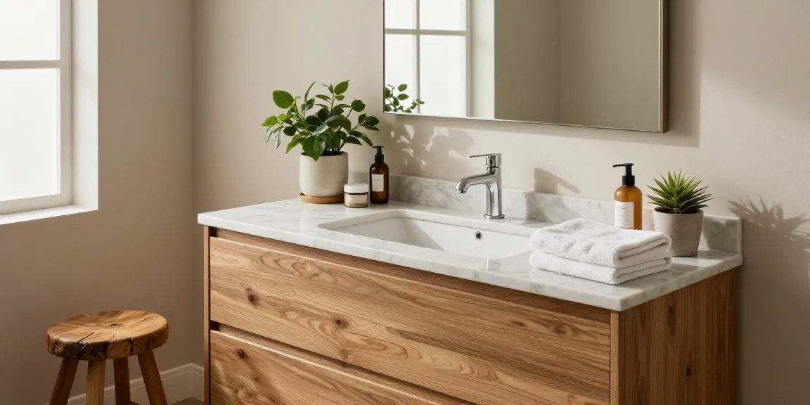 Stijlvolle houten wastafelonderkast hout in een moderne badkamer met natuurlijk licht.