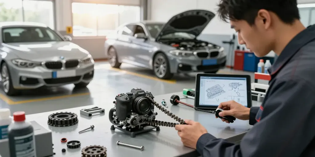 Mechaniker arbeitet am BMW Steuerkette wechseln in Hannover mit professionellen Werkzeugen.