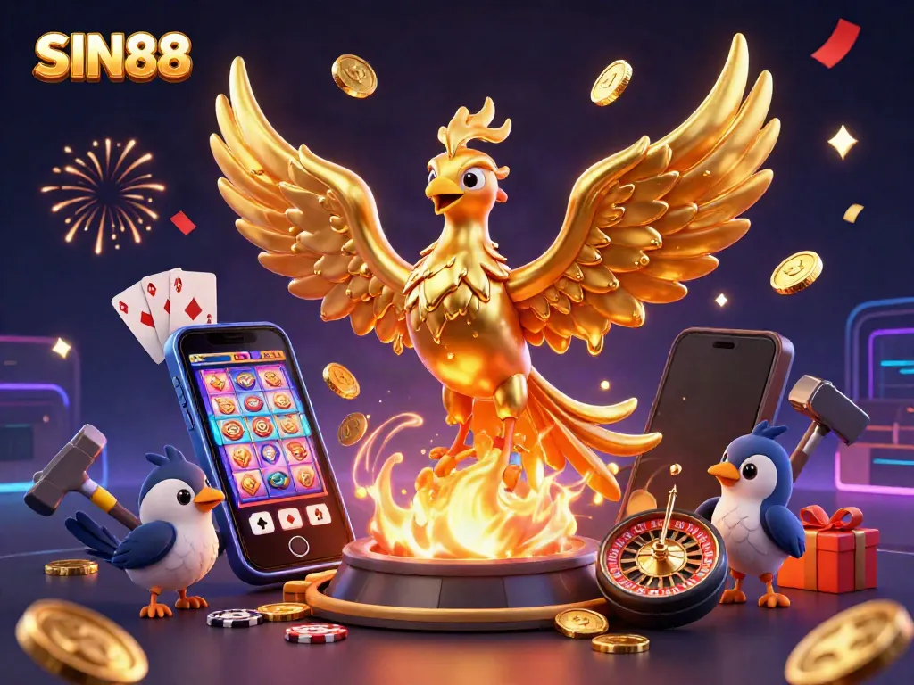 SIN88 showcases an enchanting golden phoenix in a dynamic gambling scene filled with exciting slot games and golden coins.
