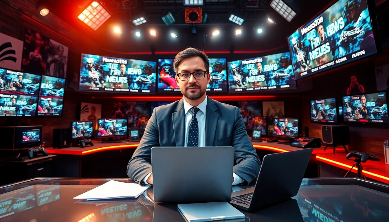 Aktuelle Gaming News Österreich von einem professionellen Journalisten in einem dynamischen Newsroom.