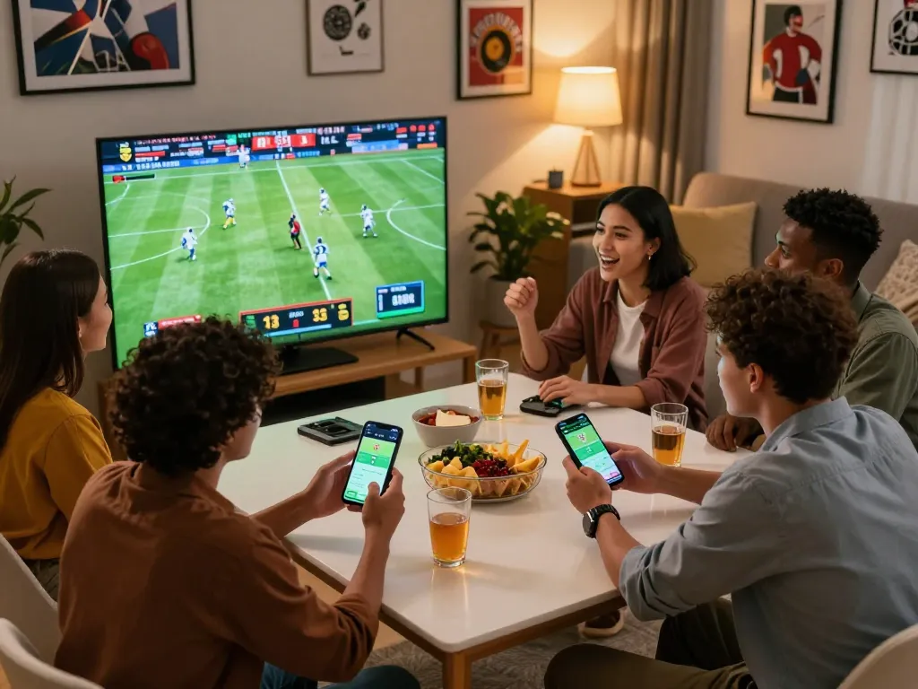 Friends engaging in sports betting at home using the 7m-7m app for live match updates.