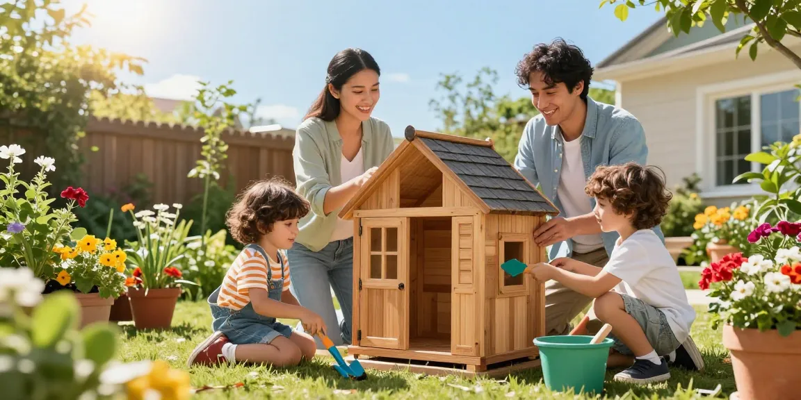Gartenhäuser für den perfekten Garten - Familie beim Aufbau eines Holz-Gartenhauses im Garten.