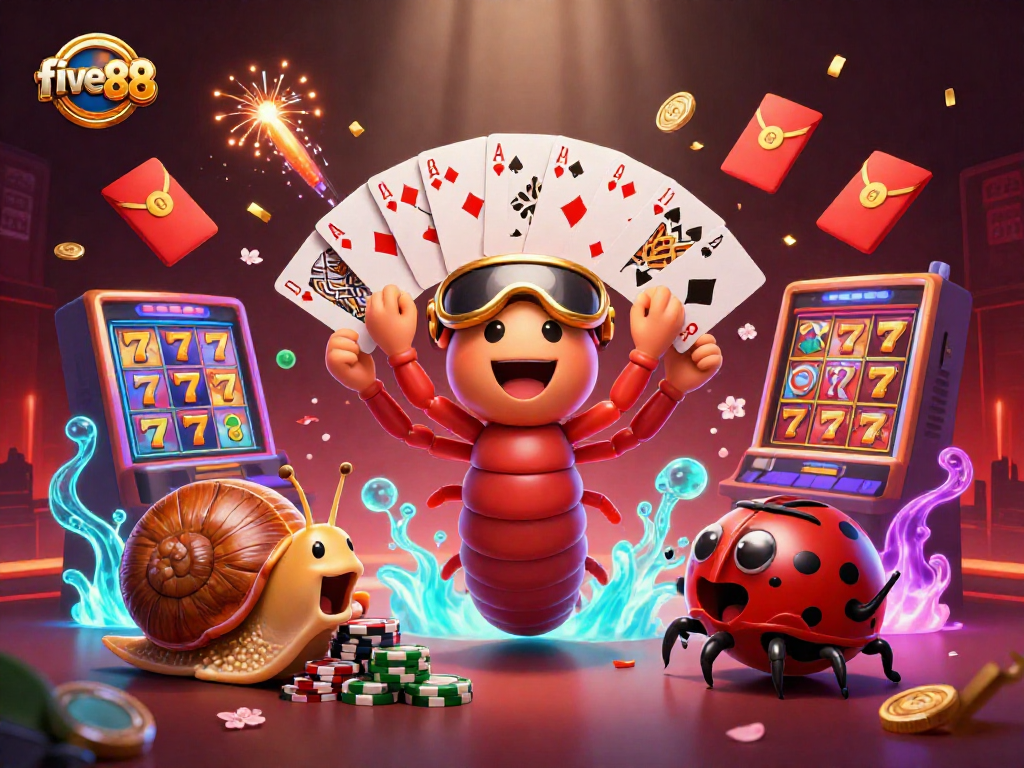 Experience the excitement at five88 with a colorful, dynamic casino scene featuring unique characters and games.