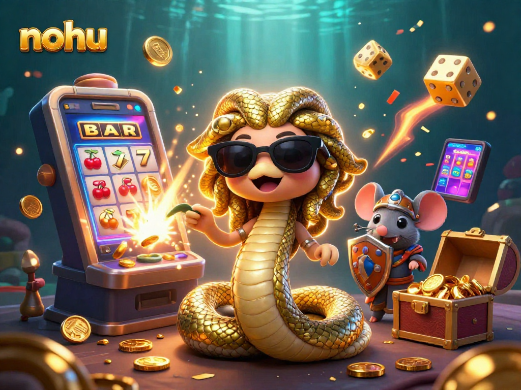 Nohu players enjoy vibrant casino scenes with friendly Medusa and warrior mouse amidst a jackpot explosion.
