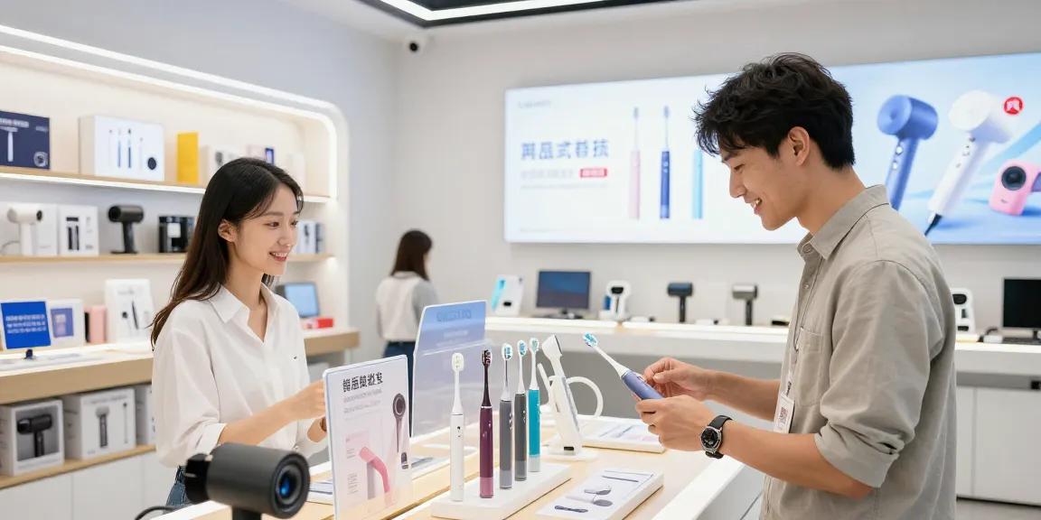 Laifen de Prime Day Sale - glücklicher Kunde in modernem Showroom mit elektrischen Zahnbürsten und Haartrocknern.