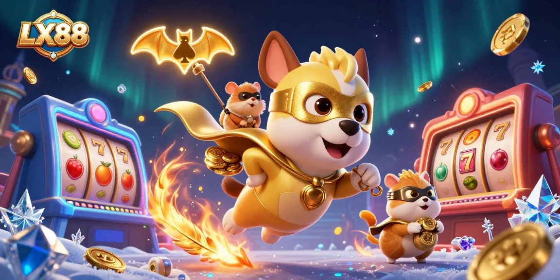 LX88 gaming scene featuring a superhero dog and hamster in a casino, surrounded by slot reels and gold coins