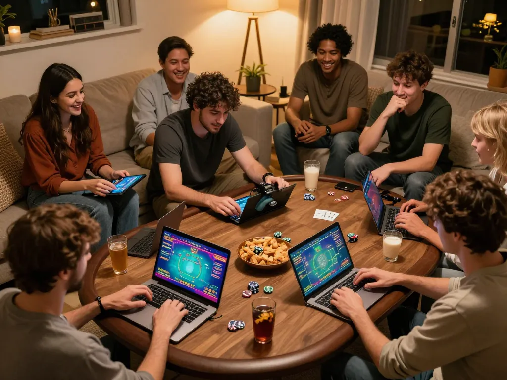 Players enjoying an online poker game on fabet in a cozy home setting with bright screens and snacks.