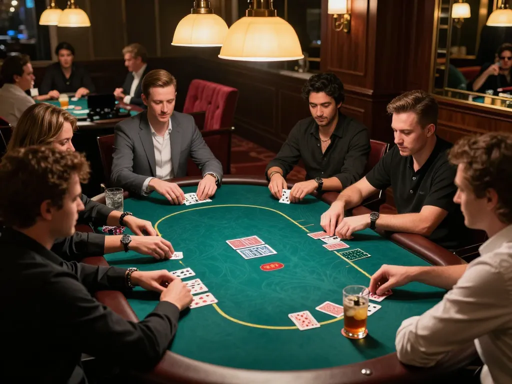 Engaged players analyzing hands for slot gacor strategy during a high-stakes poker game.