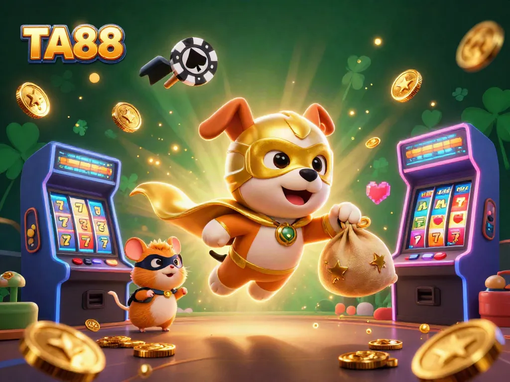 Win big at TA88 with the daring superhero dog soaring over vibrant slots and jackpot reels.