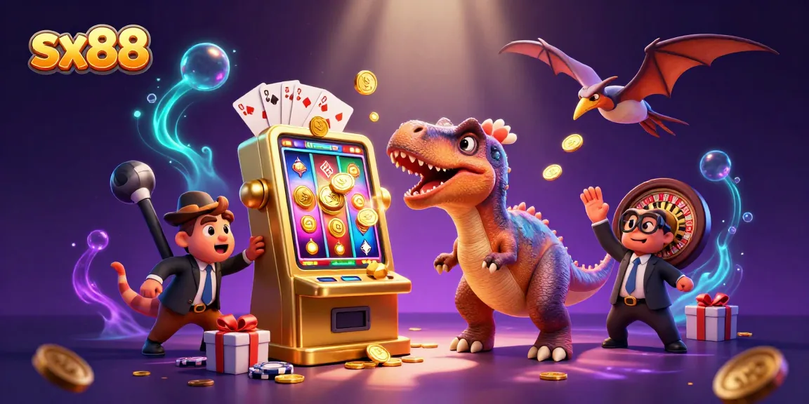 sx88 showcases a thrilling casino scene with dinosaurs and jackpot winnings for an engaging gaming experience