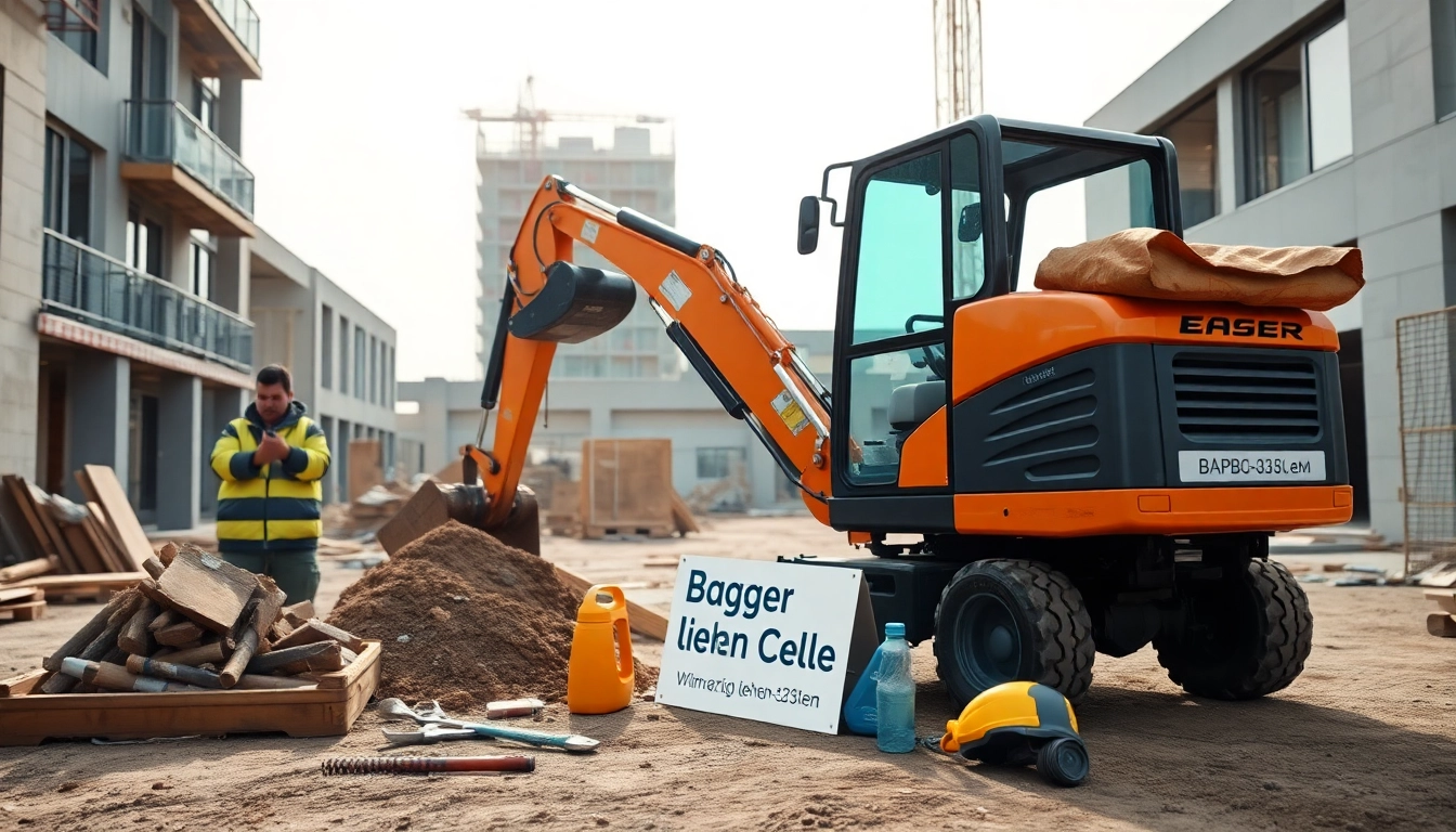 Bagger leihen Celle - Minibagger in Aktion beim Ausheben eines Grabens auf einer Baustelle.