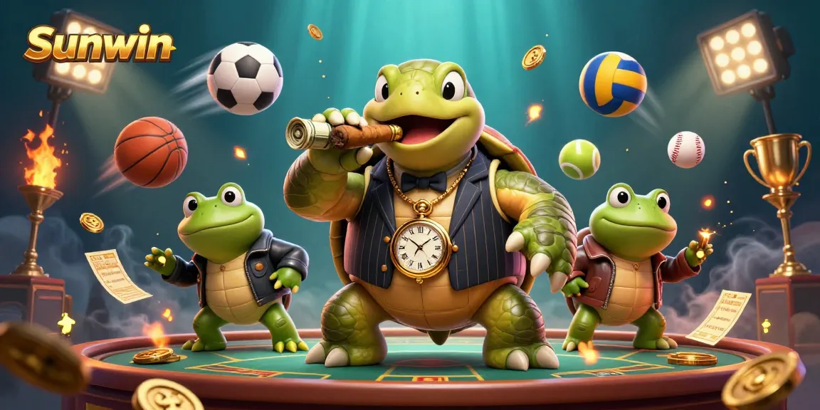 Engage with Sunwin, featuring a dynamic 3D scene of a mobster turtle and bullfrog enforcers amidst vibrant casino action.