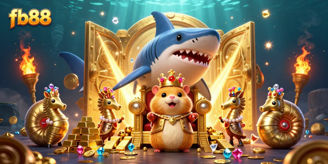 Play exciting games at fb88 with a fierce golden hamster king on a treasure throne.
