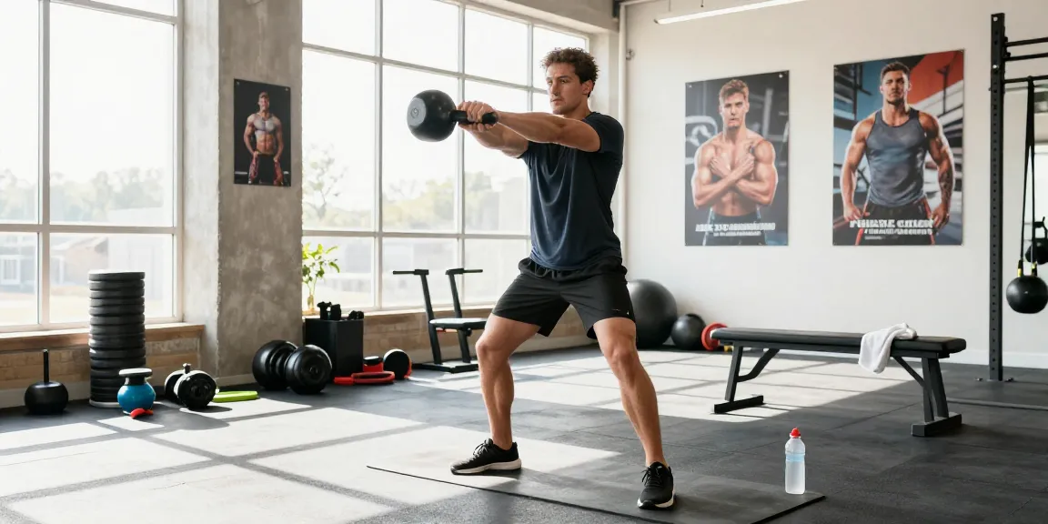 Anabolisches Training im Anabolika Shop Deutschland mit einem männlichen Sportler, der eine Kettlebell in einem modernen Fitnessstudio schwingt.