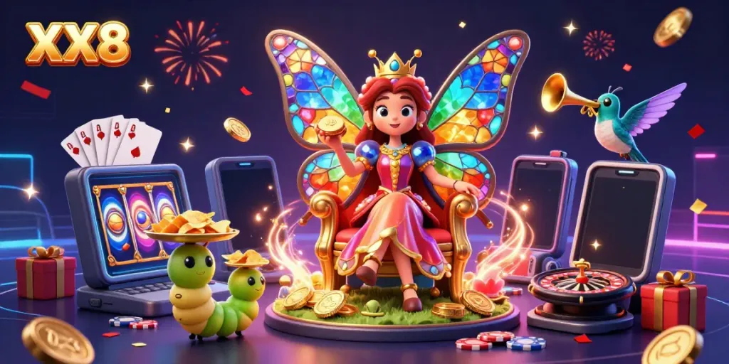 Play vibrant games and experience rich animated fun with XX8’s colorful casino illustration theme.