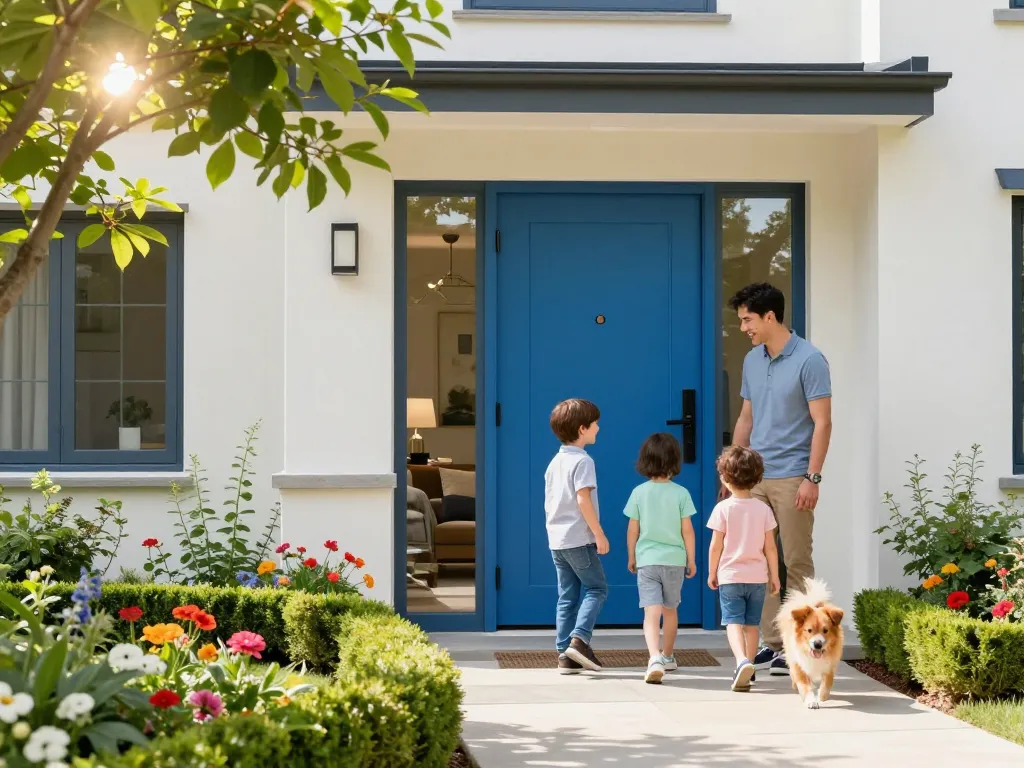 Moderne Haustür in lebhaftem Blau mit Familie, die sich nähert, sonniger Garten.