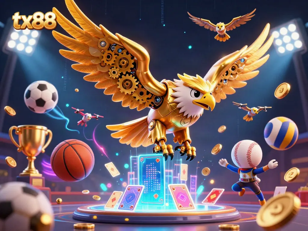 Experience thrilling gaming action with tx88's cybernetic eagle amidst dynamic sports elements.