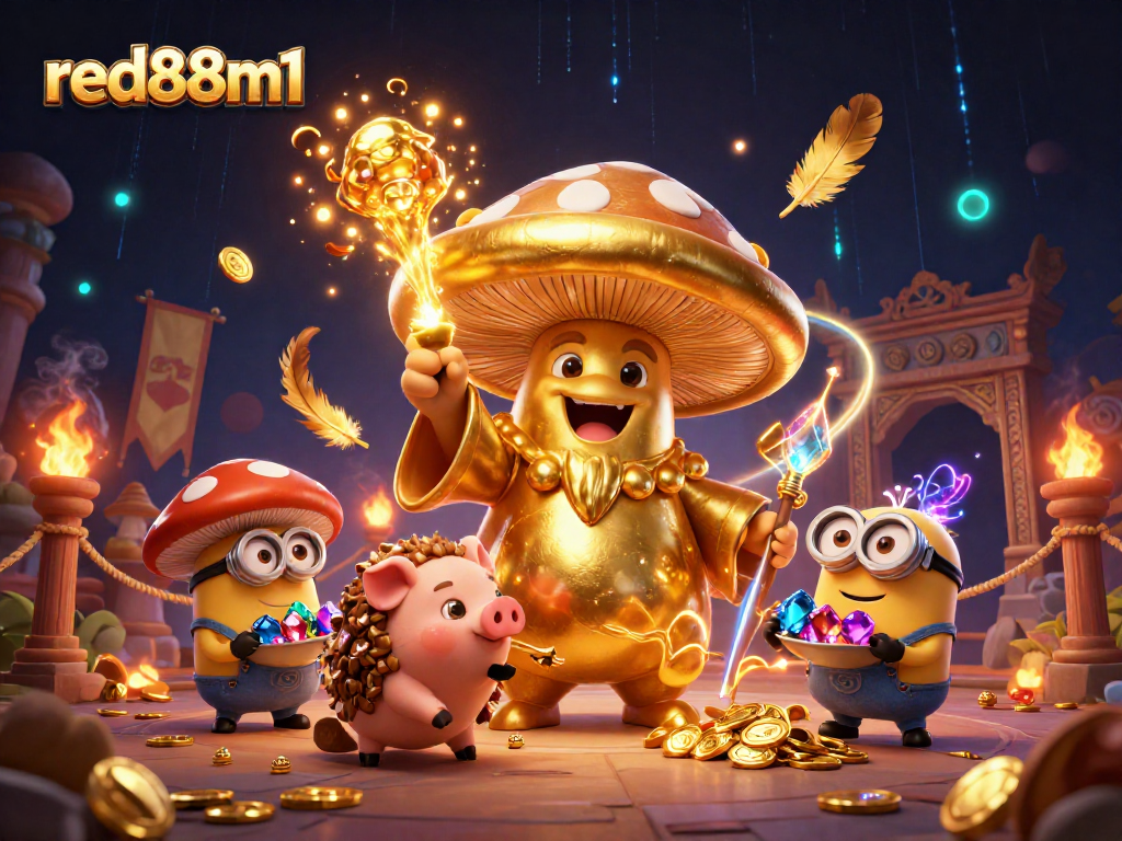 Experience the enchanting world of red88m1 with infinite golden magic and treasures in this vibrant casino illustration.