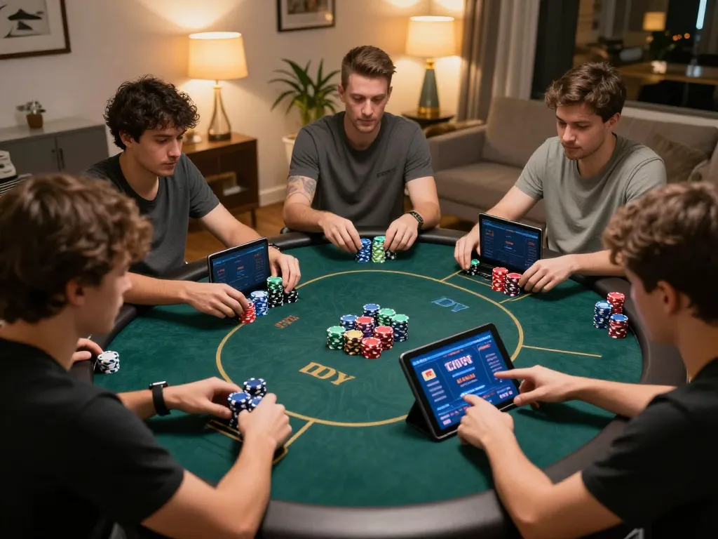 Người chơi thưởng thức trò chơi poker KO66 trên thiết bị của họ, thể hiện sự tương tác sôi nổi và chiến lược.