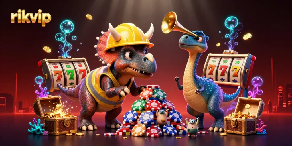 Experience thrilling gambling action at rikvip with cheerful dinosaurs celebrating over a vibrant casino scene.