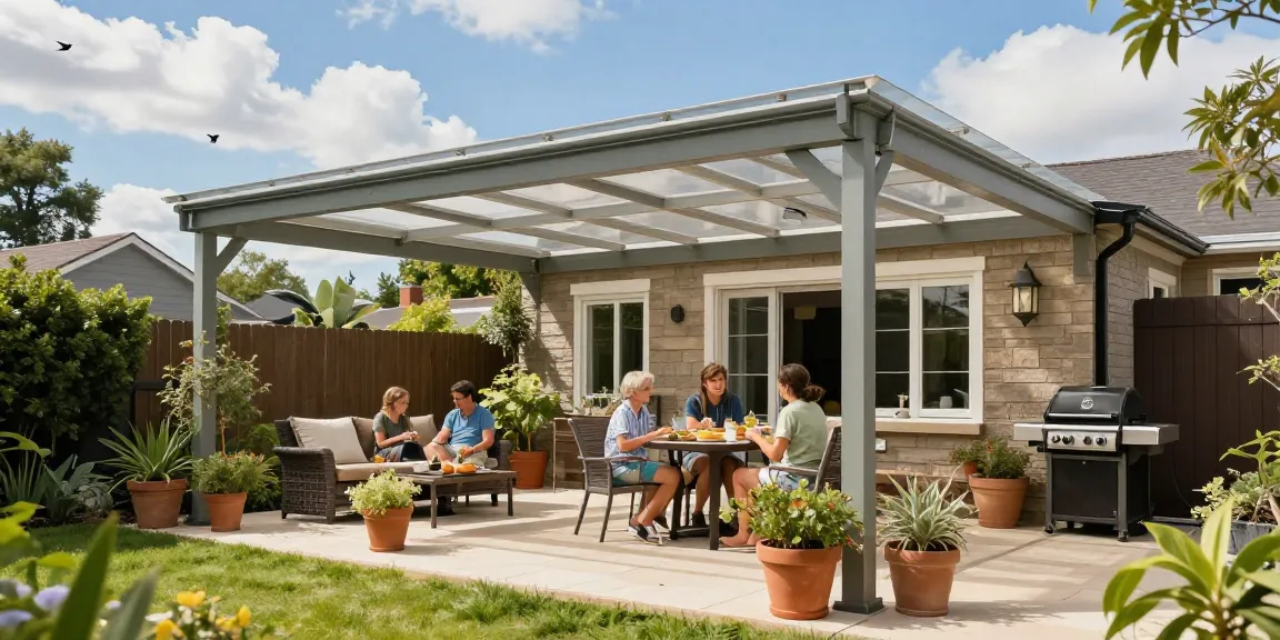 Freistehende Terrassenüberdachung in einem schönen Garten, Familie genießt Mahlzeit im Freien