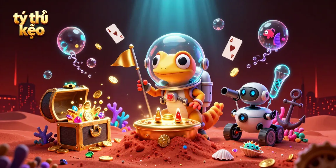 Engaging visual of tỷ lệ kèo featuring a Martian gecko exploring a golden casino on Mars with treasures.