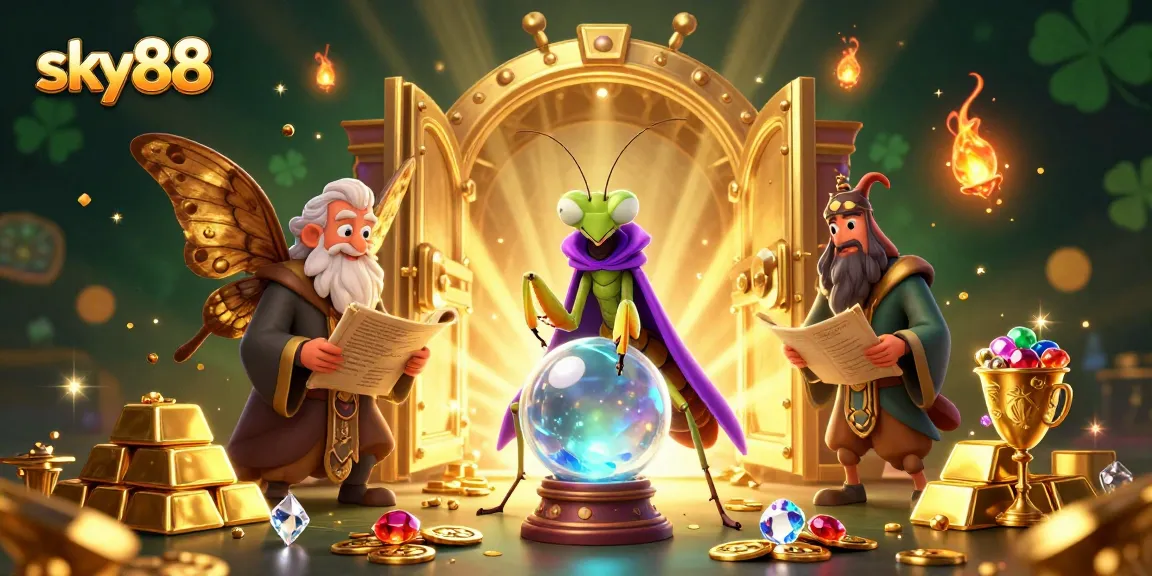 Engage with the sky88 universe through a vibrant 3D scene featuring a fortune teller and librarian.
