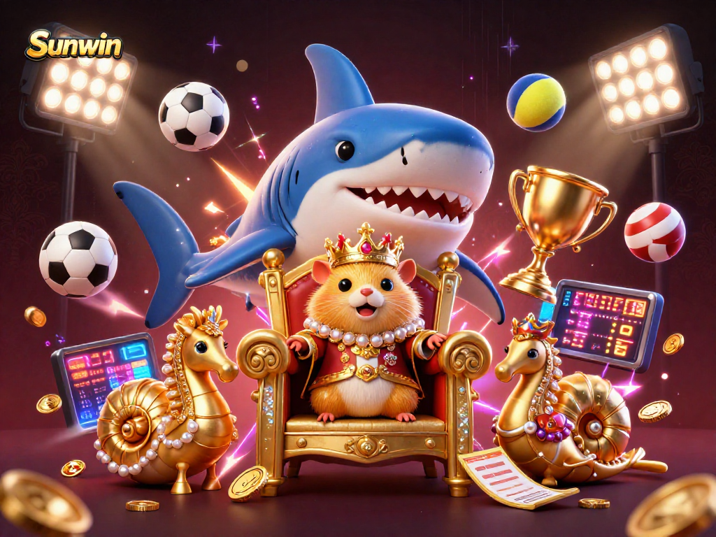 Engage with Sunwin's thrilling offerings in a dynamic 3D casino illustration with vibrant characters.