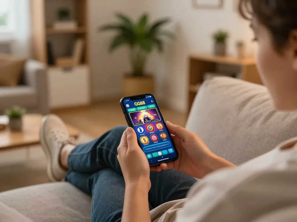 Player enjoying mobile gaming on GG88 app in cozy home setting, focusing on responsible gambling.